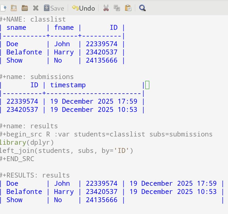 Screenshot of Emacs buffer. Contents:
#+NAME: classlist
| sname     | fname |       ID |
|-----------+-------+----------|
| Doe       | John  | 22339574 |
| Belafonte | Harry | 23420537 |
| Show      | No    | 24135666 |

#+name: submissions
|       ID | timestamp              |
|----------+------------------------|
| 22339574 | 19 December 2025 17:59 |
| 23420537 | 19 December 2025 10:53 |

#+name: results
#+begin_src R :var students=classlist subs=submissions
library(dplyr)
left_join(students, subs, by='ID')
#+END_SRC

#+RESULTS: results
| Doe       | John  | 22339574 | 19 December 2025 17:59 |
| Belafonte | Harry | 23420537 | 19 December 2025 10:53 |
| Show      | No    | 24135666 |                        |
