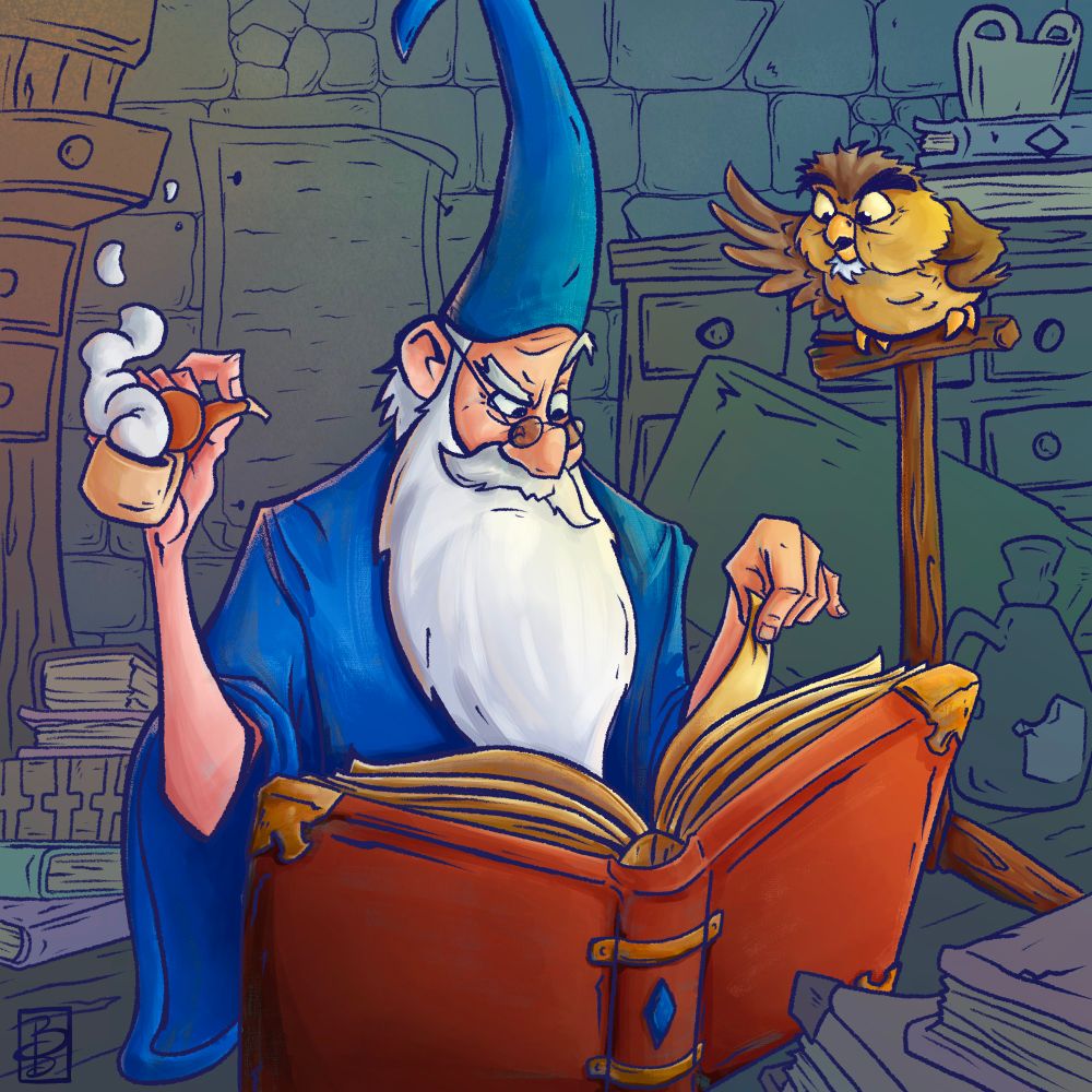 Merlin from Disney's Sword in the Stone looking through a book with his owl, Archimedes by his side. 