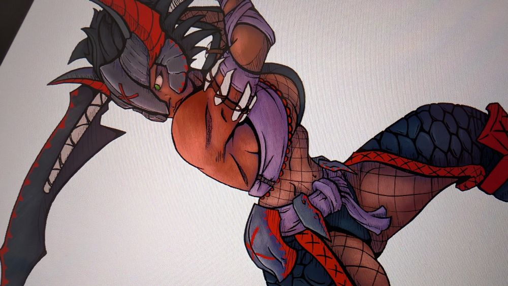 Work in progress drawing of a woman wearing Nargacuga armor from Monster Hunter. 