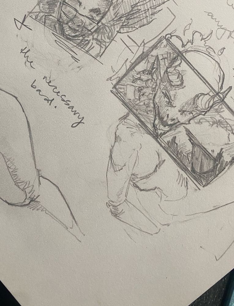 close up of a sketch in a page depicting a framed devilish-type creature, and the words “the necessary bad”