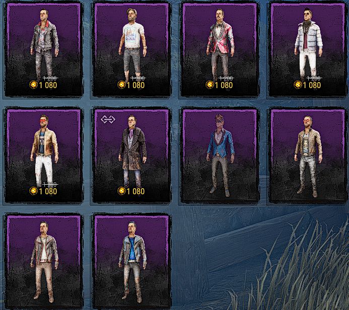 An in-game screenshot of every Nicolas Cage outfit in Dead by Daylight.