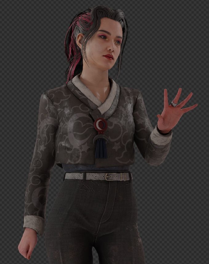 Render of Yun-Jin Lee with her hair from the Artists from the Fog collection that is currently linked and cannot be used in the combination as pictured. The top is from the Fire Moon Festival collection, while the pants from the Record-Breaking collection.