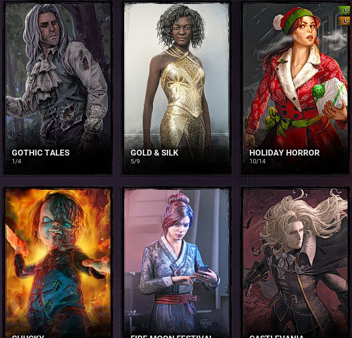 In-game screenshot of different splash art chosen for the Gothic Tales, Gold & Silk, Holiday Horror, Chucky, Fire Moon Festival and Castlevania collections in Dead by Daylight.