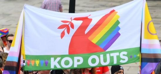 a liverbird with a rainbow tail on top of the words kop outs and rainbow coloured trophies