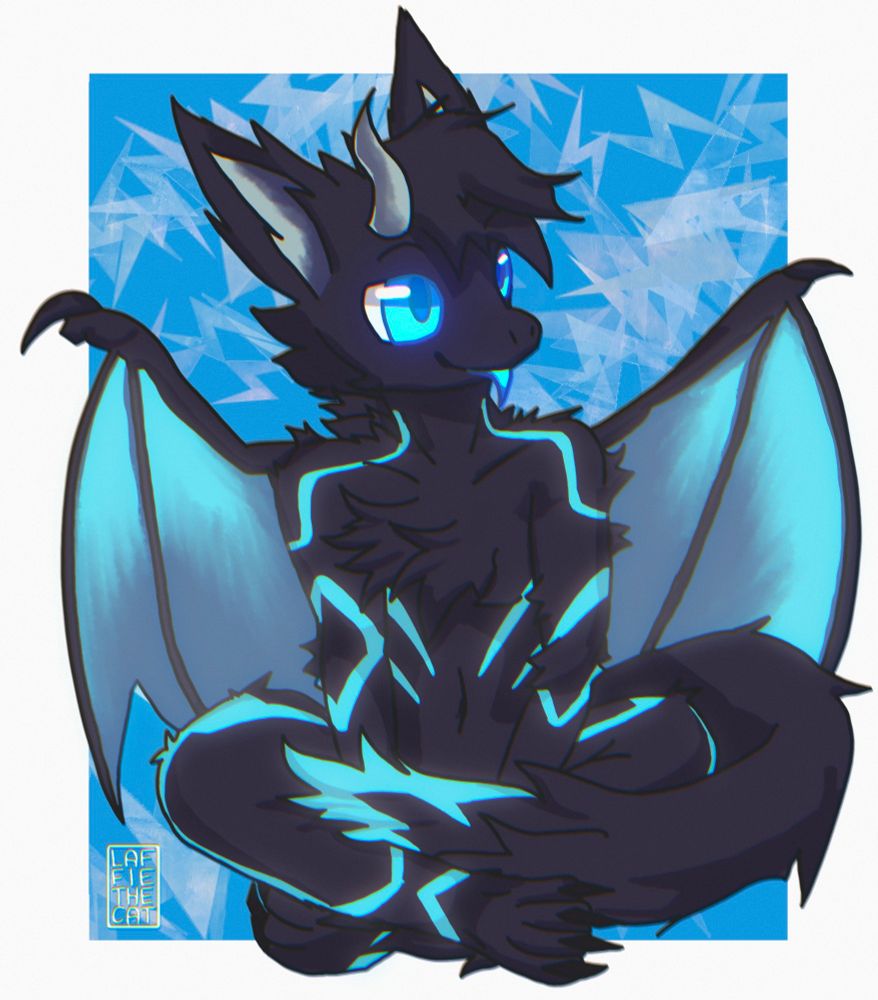 Black Fluffy dragon named Buck sitting legs crossed with blue wings deployed and tail going around the legs