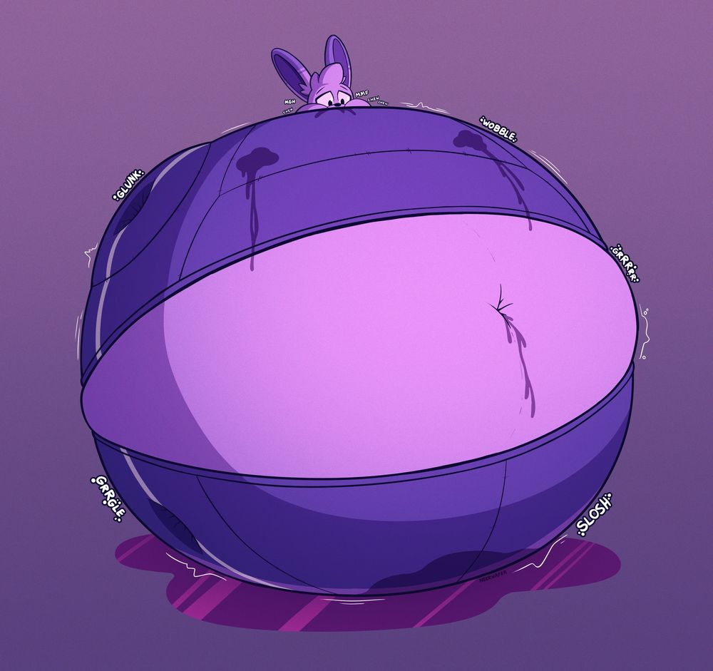 Vanilla swells to a large spherical shape, their fur taking on a purple hue. Their limbs are sunken into their body to the point that they’re no longer visible, and their indigo tracksuit stretches tightly across their body. Their head is only partially visible from the top, looking down as they moan and chew. Blueberry juice leaks from their nipples, belly button and cock, leaving a puddle underneath.