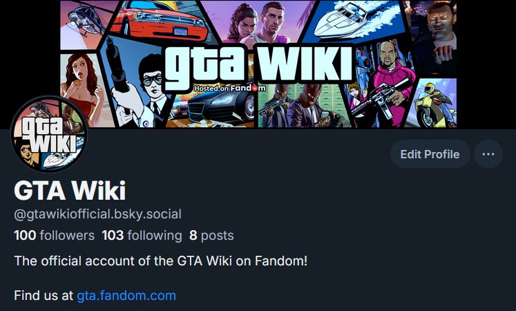 Screenshot of the GTA Wiki Bluesky page, showing the Follower count at 100.
