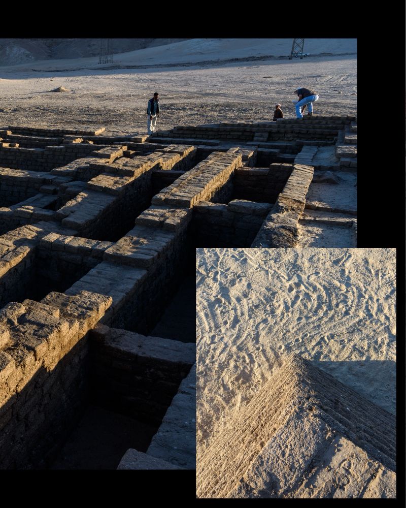 The right side of a photo of the inner structure of the tetisheri pyramid and a smaller photo of the sharp edge of the pyramid. 