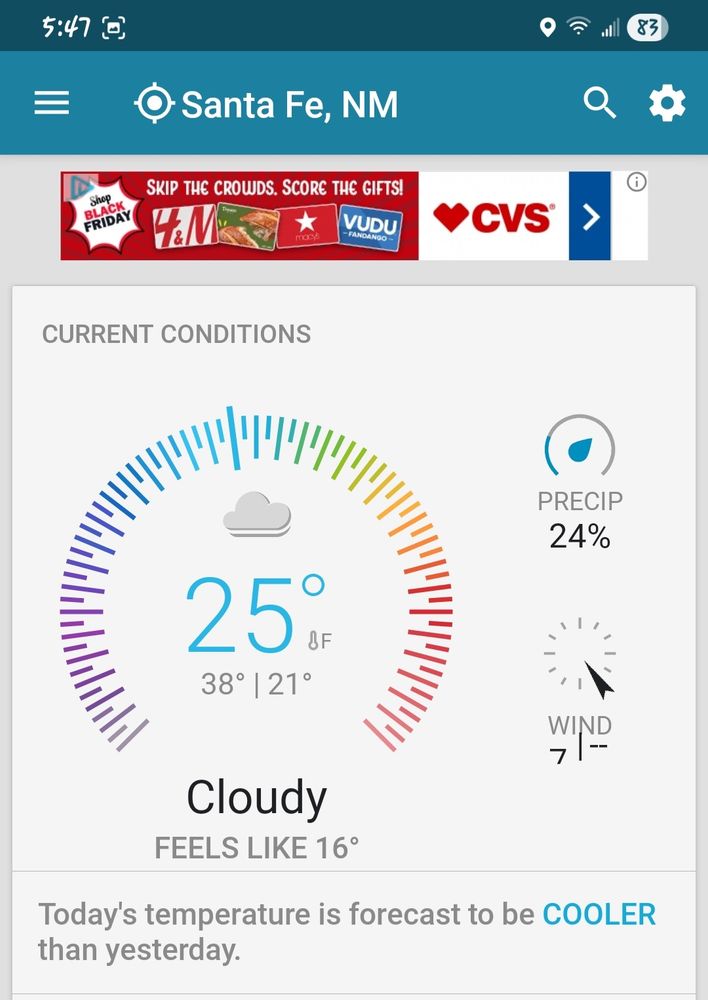 Screencap from my neighborhood's local Weather Underground weather station showing: Cloudy with current temp as 25°F (feels like 16°F due to 7 MPH sustained winds from the SE) and 24% precipitation. Expected temps: 38°F High | 21°F Low and notation that "Today'stemperatureis forecast to be COOLER than yesterday."