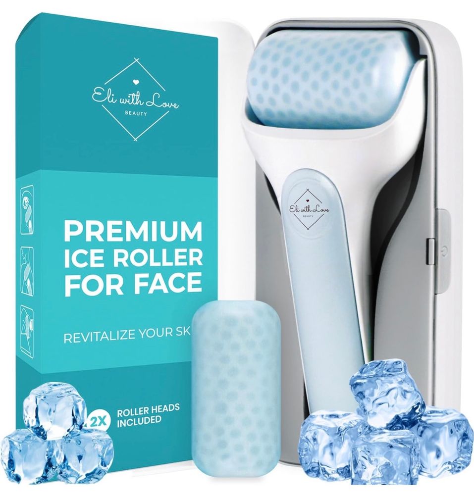A premium ice roller for the face made by Eli with Love Beauty. The box says, “Revitalize your skin.”