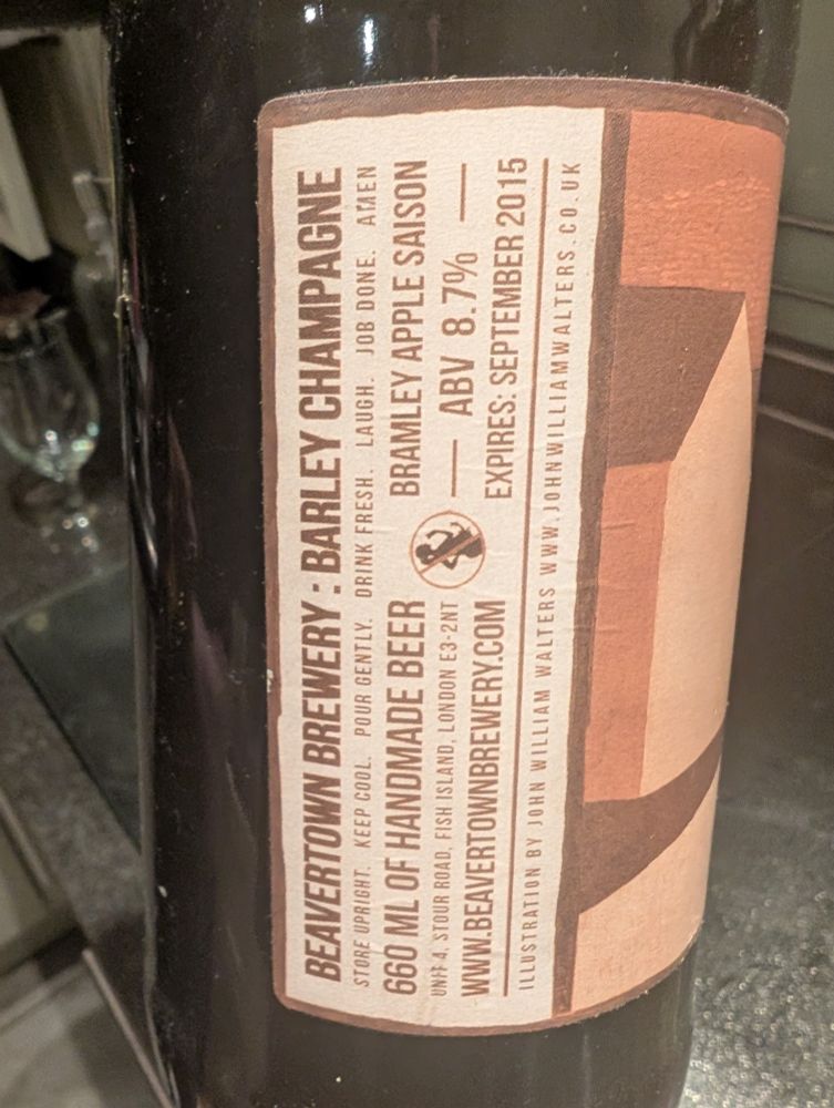 Back of the label from a bottle of Barley Champagne from Beavertown 