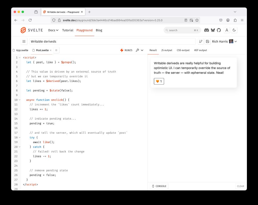 A screenshot of https://svelte.dev/playground/3de3a4446cd14bad884ea05fbd35363a?version=5.25.0 showing the new 'writable derived' feature