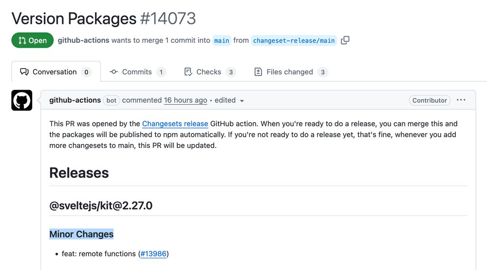 screenshot of the release PR for SvelteKit remote functions