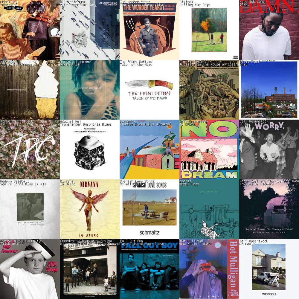 5x5 grid with albums from the following artists: Green Day, Militarie Gun, The Wonder Years, Citizen, Kendrick Lamar, Mixtapes, Sincere Engineer, The Front Bottom, The Menzingers, Title Fight, Tokyo Police Club, Nirvana, Spanish Love Songs, Sports, Aaron West and the Roaring Twenties, Against Me, Basement, Active Bird Community, Creedence Clearwater Revival, Fall Out Boy and Hot Mulligan 
