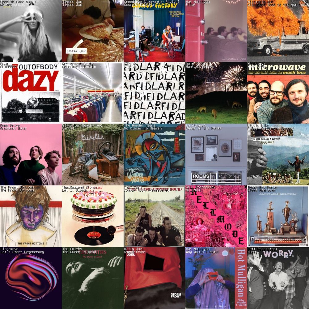 Grid with albums from the following artists: Spanish Love Songs, Tigers Jaw, Creedence Clearwater Revival, Hot Mulligan, Militarie Gun, Dazy, Retirement Party, FIDLAR, Home is Where, Microwave, Remo Drive, Slaughter Beach Dog, The Wonder Years, La Dispute, Liquid Mike, The Front Bottoms, The Rolling Stones, The Clash, Jeff Rosenstock, Jimmy Eat World, The Smiths, Billy Joel
