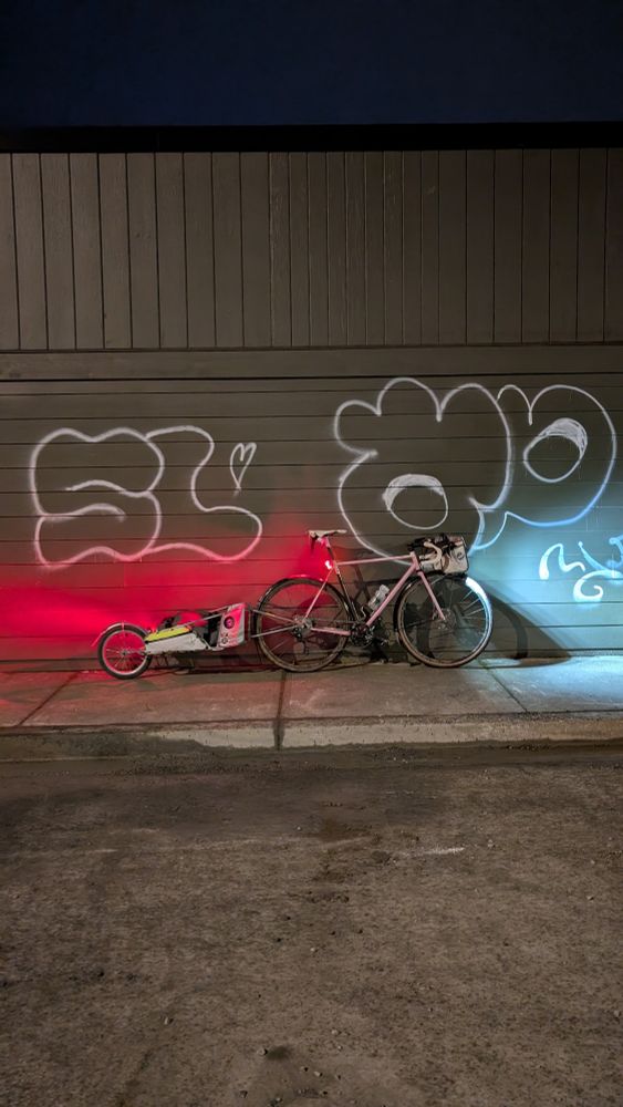 Pink gravel bike towing a trailer. The bike has a front white light, rear red light, and the trailer also has a rear red light. 

#bikesky #bobtrailer #wzrdbikes #supercommuter 