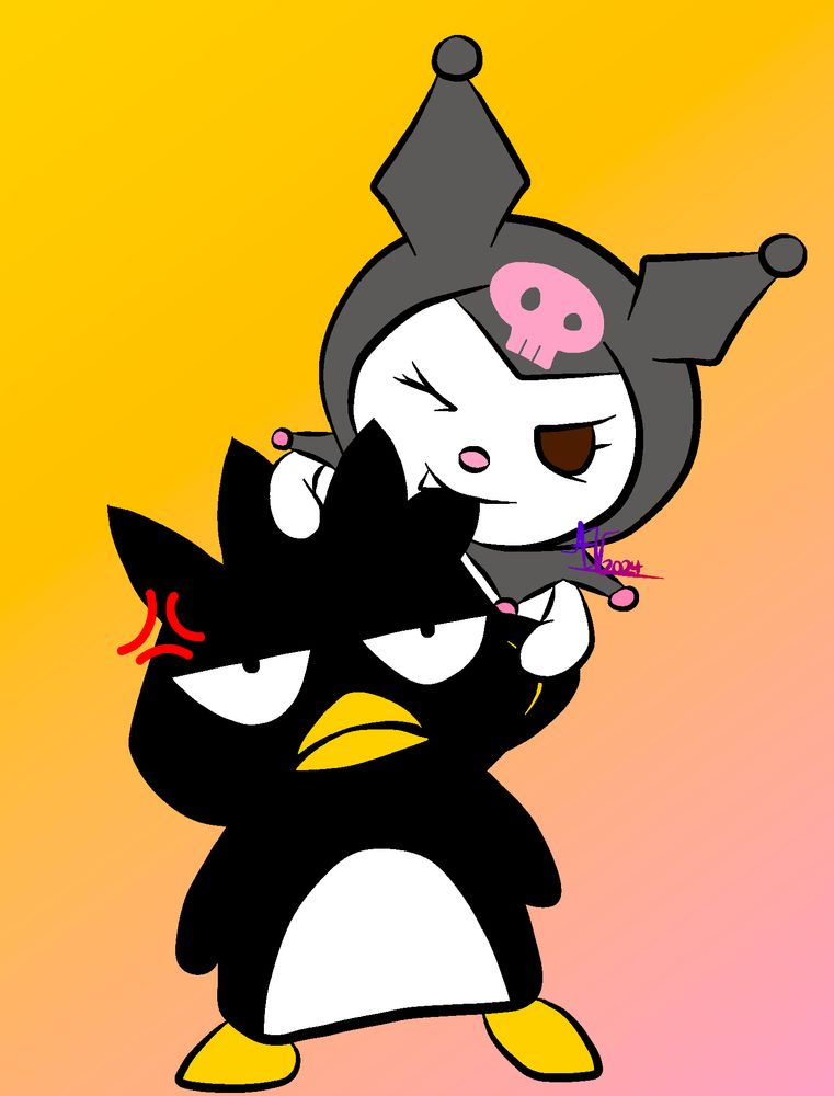 Art of Badtz-Maru and Kuromi. Badtz-Maru is the penguin, and is standing with a frown on his face and an angry vein on his head. Kuromi is the small creature with the gray hat with a pink skull on it, and she's biting one of Badtz-Maru's head feathers.