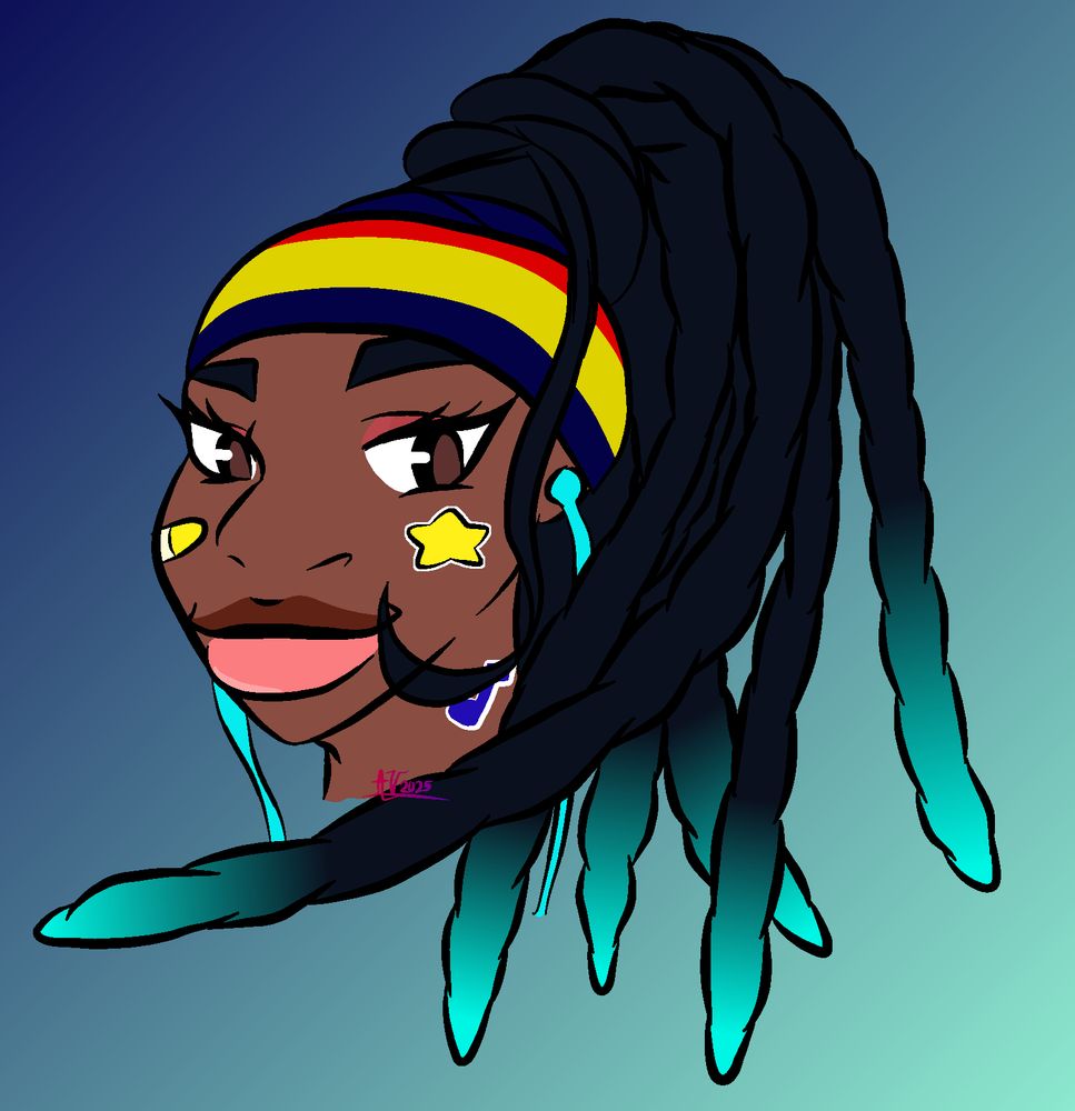 Head drawing of Kimberly from Street Fighter 6 in her summer outfit. She has long blue locs that go from a gradient of dark blue to cyan, while swearing a sweatband on her head that has blue, yellow, and red sections. She's smiling at the viewer. Behind her is a gradient of blue to cyan, much like her hair.