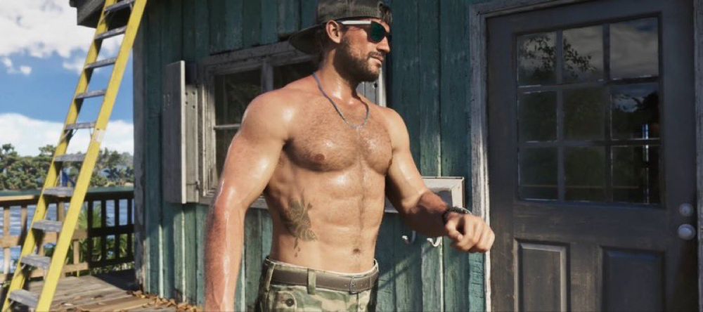 Shirtless image of Jason, the lead character of the upcoming Grand Theft Auto video game. Jason is shirtless, sweaty, wearing a cap and sunglasses. He has a terrific hairy body.