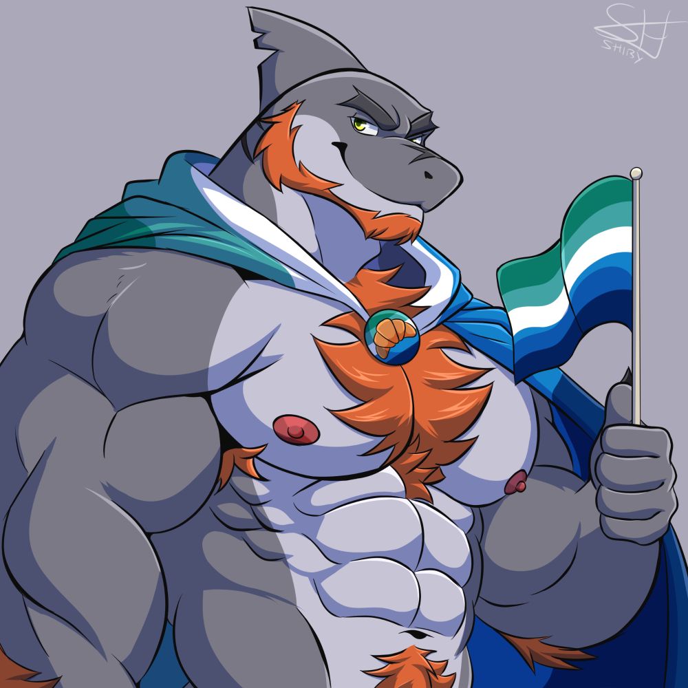 My fursona Dario holding a gay men's pride flag and also wearing one as a cape. The clip holding the cape together has a symbol of a croissant on it because that is Dario's favorite food.