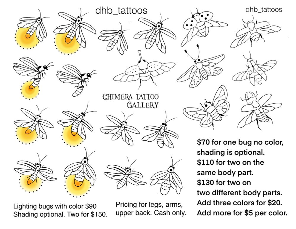 Tattoo flash sheet full of simple insect tattoos. Designs done by Dale at Chimera Tattoo Gallery in Rochester, New York.