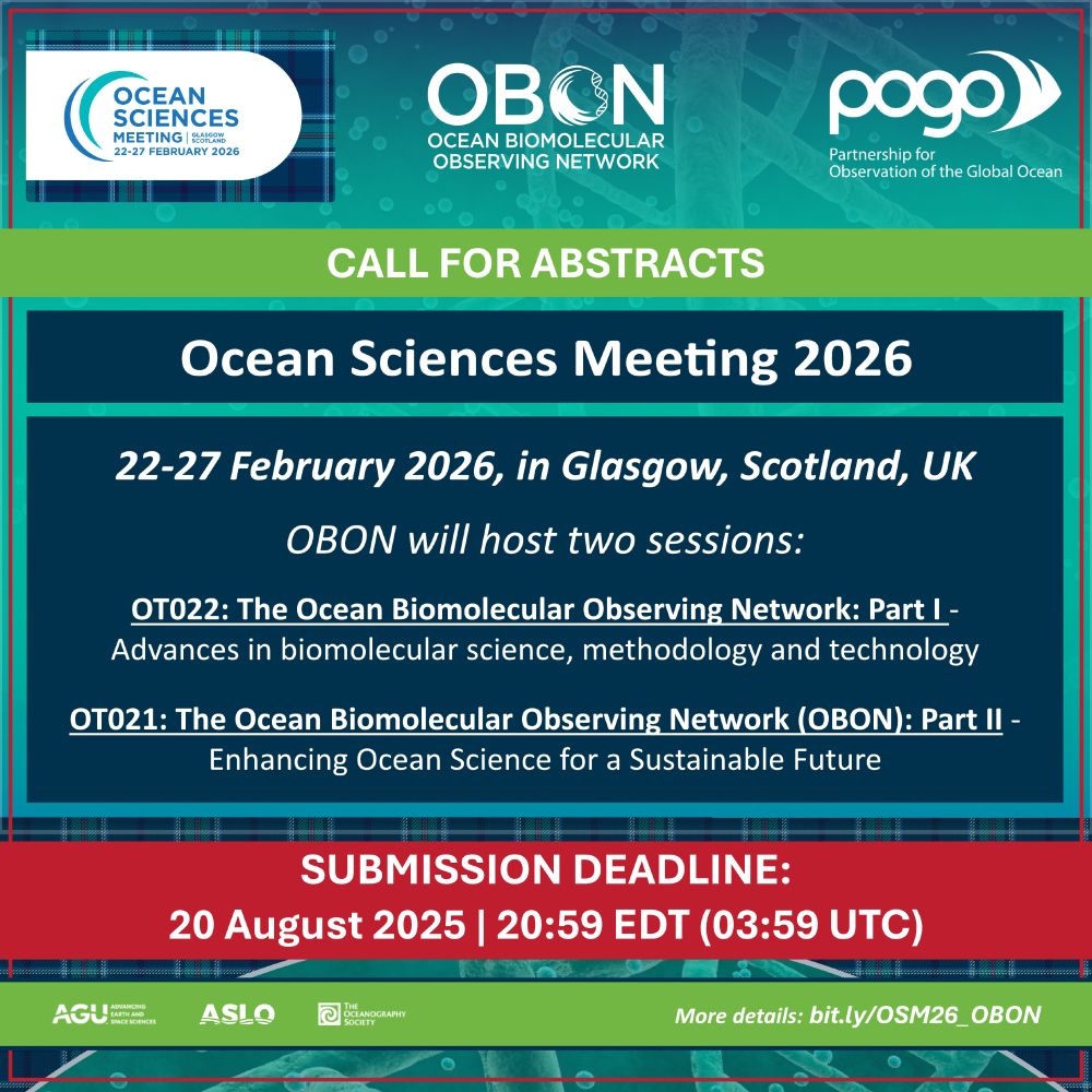 OBON will host two sessions at the 2026 Ocean Sciences Meeting, which will be held in Glasgow, UK, from 22-27 February 2026.

Both sessions are part of the Ocean Technology and Observatories topic, and are accepting abstract submissions:

APPLY BY: 20 August 2025 | 20:59 EDT (03:59 UTC)