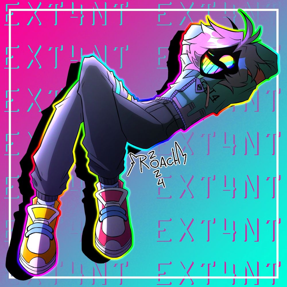 a digital drawing of ext4nt laying back, a robot character owned by the music artist of the same name. the drawing has many bright colors, rainbows and deep shading.