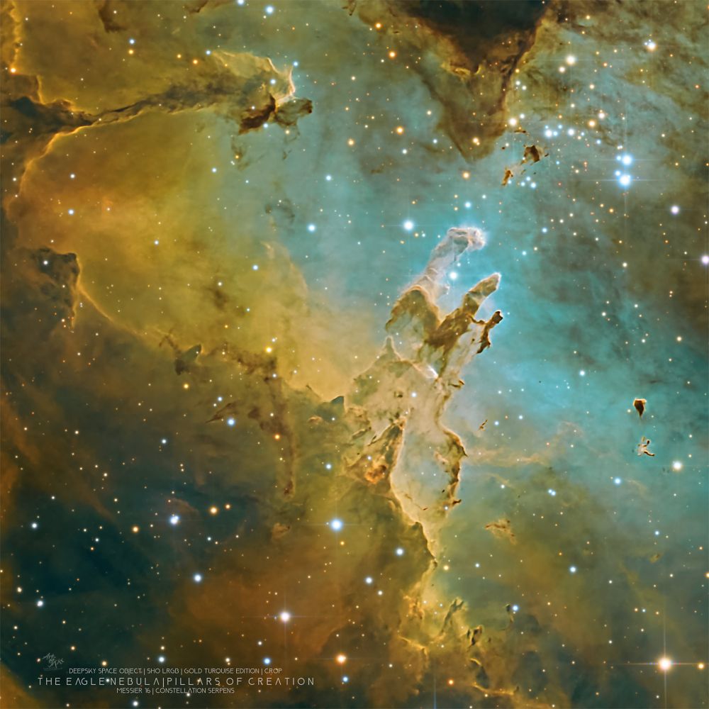 ✨ Eagle Nebula – The Pillars of Creation in Gold & Turquoise

Here we see one of the most iconic structures in the cosmos – the Pillars of Creation, embedded in the Eagle Nebula (Messier 16) in the constellation Serpens. These gigantic gas and dust formations are star-forming regions – enormous pillars shaped by the light of young stars.
What we see here happened around 7,000 years ago. And perhaps what we consider to be ‘creation’ is long gone.

Taken with the remote telescope of the Vienna Working Group for Astronomy at the legendary Hakos Astrofarm in Namibia – it was my tenth session, and a very special one. Here I can see most clearly the difference between my own many photographs of this nebula taken from my city balcony – Namibia's sky is simply hard to beat 🙂

This gold-turquoise edition was created with a modified SHO colour scheme – it shows the ionised gases in a new light. I am particularly impressed by the close-up, in which the fine structures of the pillars stand out clearly from each other. I didn't think I could bring out so many details at this focal length in the crop! Here are some more lights for more depth, and... Well, it's not going anywhere 🙂

‘We are a kind of being that asks about origins – and the amazing thing is: the universe answers.’

📍 Location: Hakos Astrofarm, Namibia
Vienna Astronomy Remote Telescope
📅 Period: 19–22 July 2025
🔭 Telescope: ASA 12" Newton f/3.6 | 1334 mm
📷 Camera: Touptek DeepskyPro 2600m
🎯 Filter & exposure:
🎯 Filter: L64×60s, R|G|B 16×120s each, hA 16x180s
🧠 Processing: PixInsight, Photoshop, BlurX, StarX, NoiseX, Drizzle, GHS, MaskedStrech

#astrophotography #eaglenebula #m16 #pillarsofcreation #shonebula #spaceart #astrobin #deepsky #hakosfarm #namibia #artofpix #artofpixastro