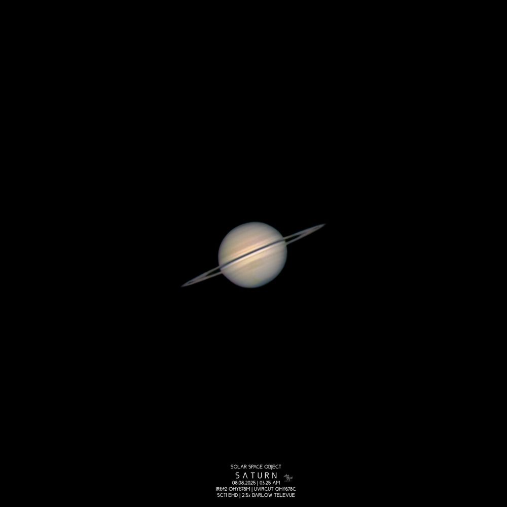Saturn, vom 08/09.08.2025 gegen 03:25 Früh.
Es ist leider keine Schönheit geworden, wegen des höchstens mittelmäßigen Seeings. Die Höhe von Knapp 40° über dem Horizont ist aber schon mal ganz brauchbar für künftig hoffentlich bessere Aufnahmen

Aufgenommen von meinem Stadtbalkon mit dem SC11EHD, 2,5x Barlow und den QHY678M und C. Filter IR642 und UVIRCUT von Astronomik. ADC Pierro Astro MKIII. Je 10x 60s (ca 5000 Frames/Clip)

#saturn #planets #astrophotography #artofpix #artofpixastro #universe #solyrsystem