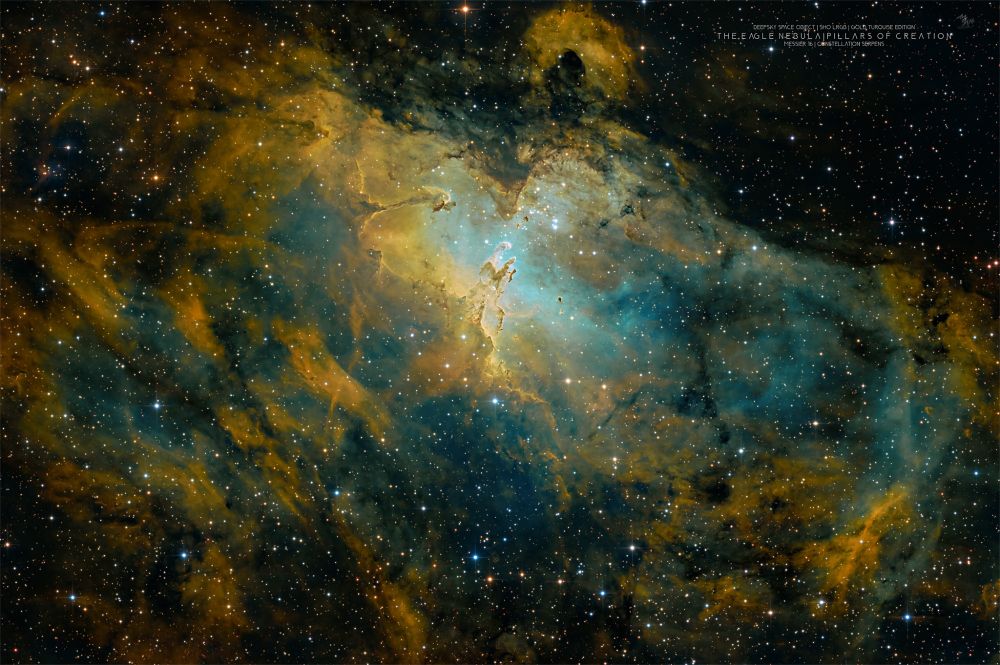 ✨ Eagle Nebula – The Pillars of Creation in Gold & Turquoise

Here we see one of the most iconic structures in the cosmos – the Pillars of Creation, embedded in the Eagle Nebula (Messier 16) in the constellation Serpens. These gigantic gas and dust formations are star-forming regions – enormous pillars shaped by the light of young stars.
What we see here happened around 7,000 years ago. And perhaps what we consider to be ‘creation’ is long gone.

Taken with the remote telescope of the Vienna Working Group for Astronomy at the legendary Hakos Astrofarm in Namibia – it was my tenth session, and a very special one. Here I can see most clearly the difference between my own many photographs of this nebula taken from my city balcony – Namibia's sky is simply hard to beat 🙂

This gold-turquoise edition was created with a modified SHO colour scheme – it shows the ionised gases in a new light. I am particularly impressed by the close-up, in which the fine structures of the pillars stand out clearly from each other. I didn't think I could bring out so many details at this focal length in the crop! Here are some more lights for more depth, and... Well, it's not going anywhere 🙂

‘We are a kind of being that asks about origins – and the amazing thing is: the universe answers.’

📍 Location: Hakos Astrofarm, Namibia
Vienna Astronomy Remote Telescope
📅 Period: 19–22 July 2025
🔭 Telescope: ASA 12" Newton f/3.6 | 1334 mm
📷 Camera: Touptek DeepskyPro 2600m
🎯 Filter & exposure:
🎯 Filter: L64×60s, R|G|B 16×120s each, hA 16x180s
🧠 Processing: PixInsight, Photoshop, BlurX, StarX, NoiseX, Drizzle, GHS, MaskedStrech

#astrophotography #eaglenebula #m16 #pillarsofcreation #shonebula #spaceart #astrobin #deepsky #hakosfarm #namibia #artofpix #artofpixastro