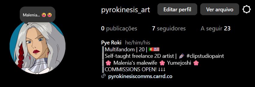 A screenshot of a user profile with the handle 'pyrokinesis_art', with a bio describing the user's details, creative and personal.
