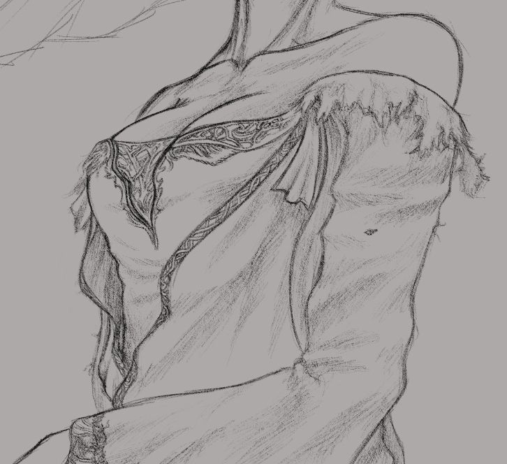 A work-in-progress drawing showing the detail of the apparel of a mage character called 'Recluse', belonging to the upcoming ELDEN RING: Nightreign video game.