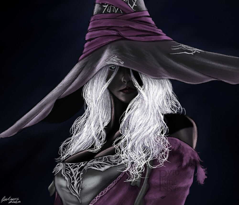 Bust painting of a mage character with a dark complexion and marble-white hair named 'Recluse', featuring in an upcoming FromSoftware title named "ELDEN RING Nightreign".