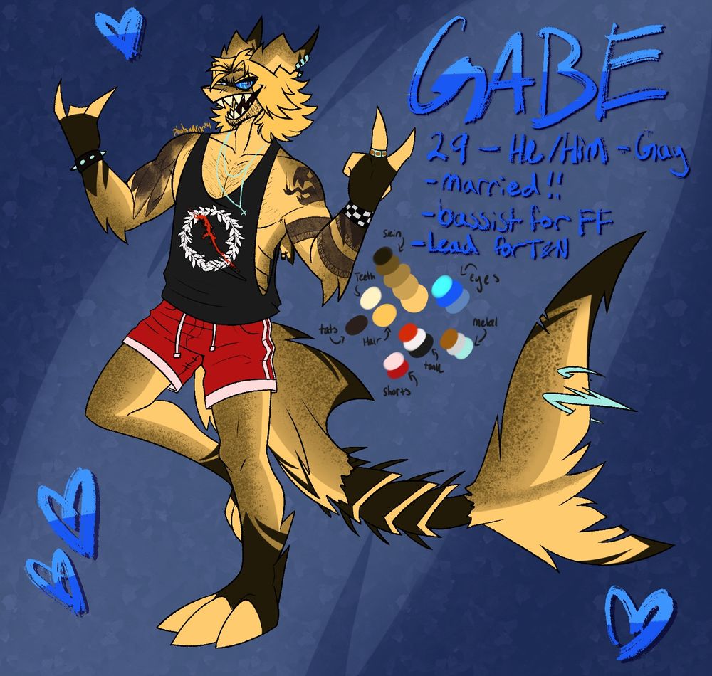 A yellow shark demon character from Helluva Boss, black highlights on his fins. He is wearing red shorts, and a muscle shirt with the logo of In Times New Roman by Queens of the Stone Age. The descriptors say his name is Gabe, he’s 29, has he/him pronouns and is gay. He’s married, the bassist for the band Feeding Frenzy, and the lead singer of a band called Teeth and Nails. 