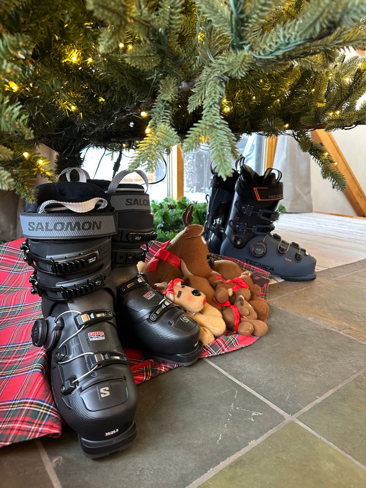 ski boots under Christmas tree