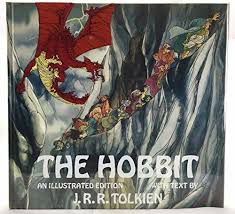 Cover of The Hobbit, 1977 illustrated edition, by J. R. R. Tolkien. Cover art shows several dwarves and a hobbit scurrying up the grim, grey mountainside of Lonely Mountain. They are trying to outrun the glorious, albeit terrifying, dragon, Smaug, who’s flying in from the left. With his red scales and red wings, yellow underbelly, mouth open ready to spew fire, he is magnificent. And he’s angry because they have stolen something.
Run faster, brave ones! 