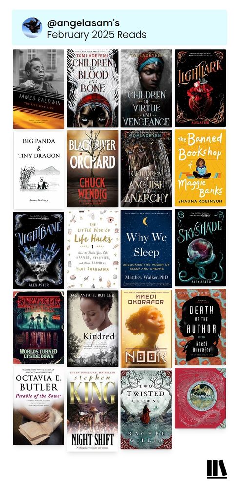 Cover collage of 20 books read in February. 
James Baldwin “The Fire Next Time”. 
Tomi Adeyemi “Children of Blood and Bone”,“Children of Virtue and Vengence”and “Children of Anguish and Anarchy”. 
Alex Aster “Lightlark”, “Nightbane”, and “Skyshade”. 
James Norbert “Big Panda and Tiny Dragon”.
Chuck Wendig “Black River Orchard”.
Shauna Robinson “The Banned Bookshop of Maggie Banks”.
Yumi Sakugawa “Little Book of Life Hacks”.
Matthew Walker “Why We Sleep”.
Gina McIntyre “Stranger Things: Worlds Turned Upside Down”.
Octavia E Butler “Kindred” and “Parable of the Sower”.
Nnedi Okorafor “Noor” and “Death of the Author”.
Stephen King “Night Shift”.
Rachel Gillis “Two Twisted Crowns”.
Ernest Drake and Douglas A Steer “Dragonology”.