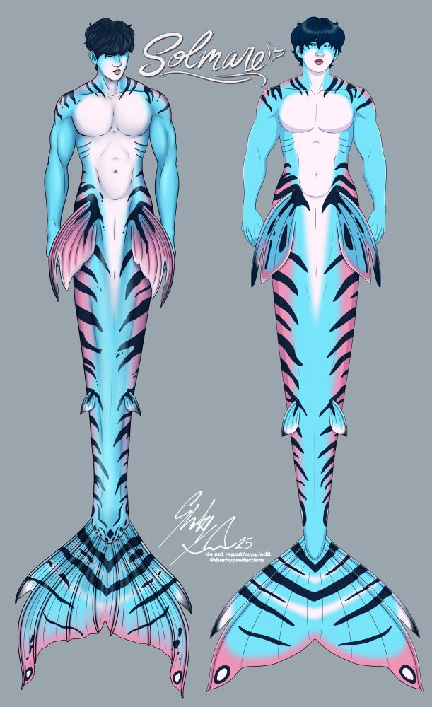 Comparison between original Merbin design on left and updated design on right. Original with soft shades and highlights. New with cell shading