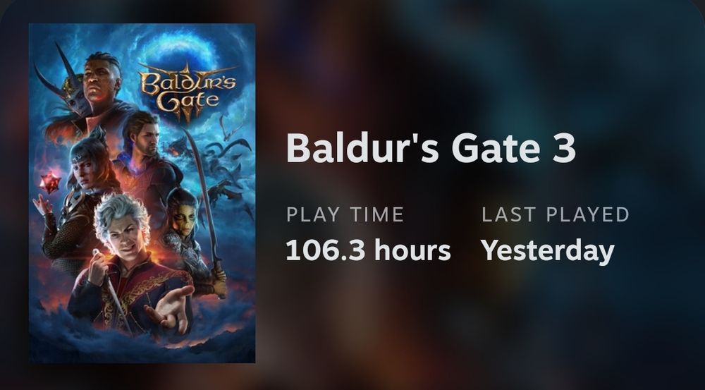 A Steam screenshot showing 106.3 hours of playtime in Baldur's Gate 3