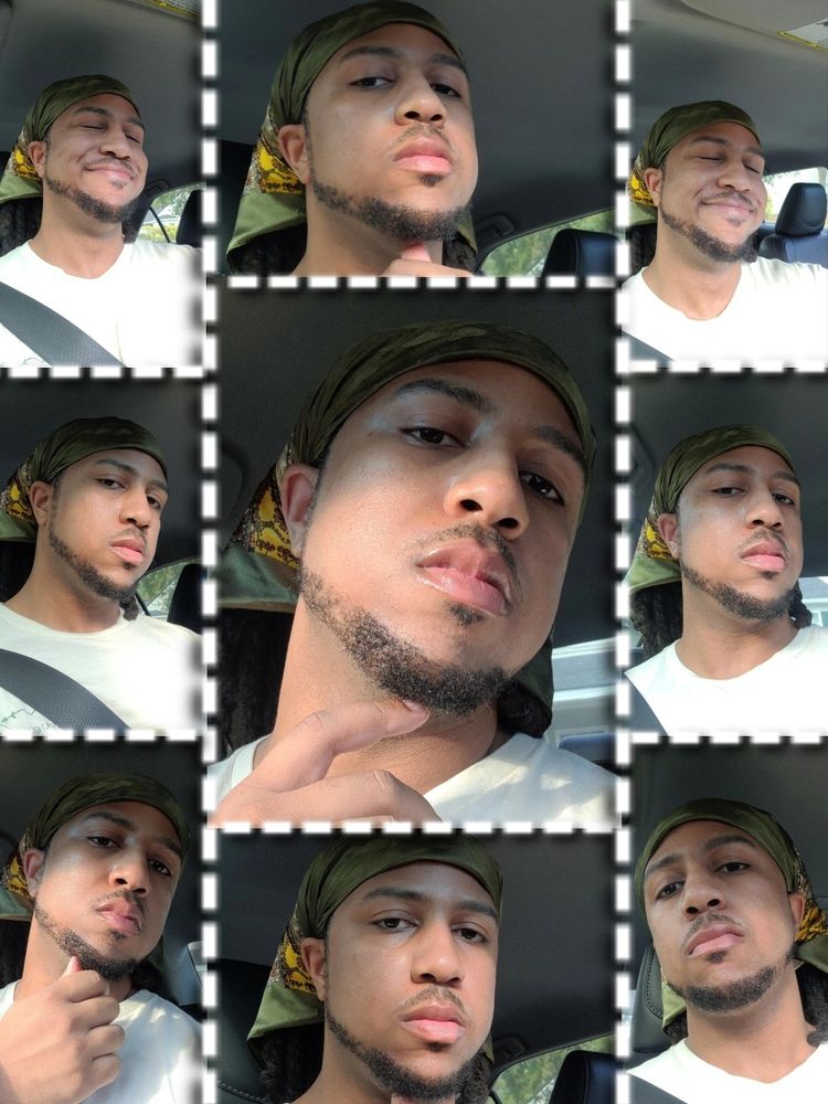 A nine image collage of a Black man with locs showing a fresh tape-up.