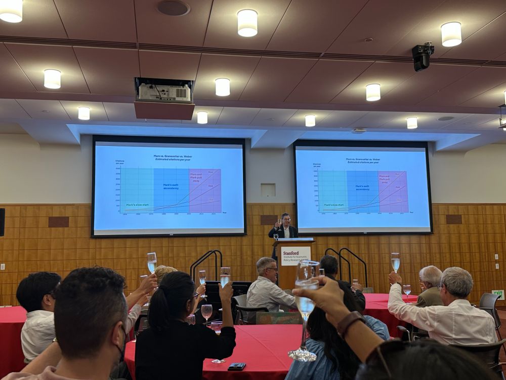 A group of colleagues seated, with glasses of champagne raised in honor of Prof. Mark Granovetter. Prof. David Grusky is at the podium, with a slide comparing the annual citation counts of Marx, Weber, and Granovetter since 1950 projected behind him. In recent years, Granovetter has been accumulating more citations per year than Weber but fewer than Marx.