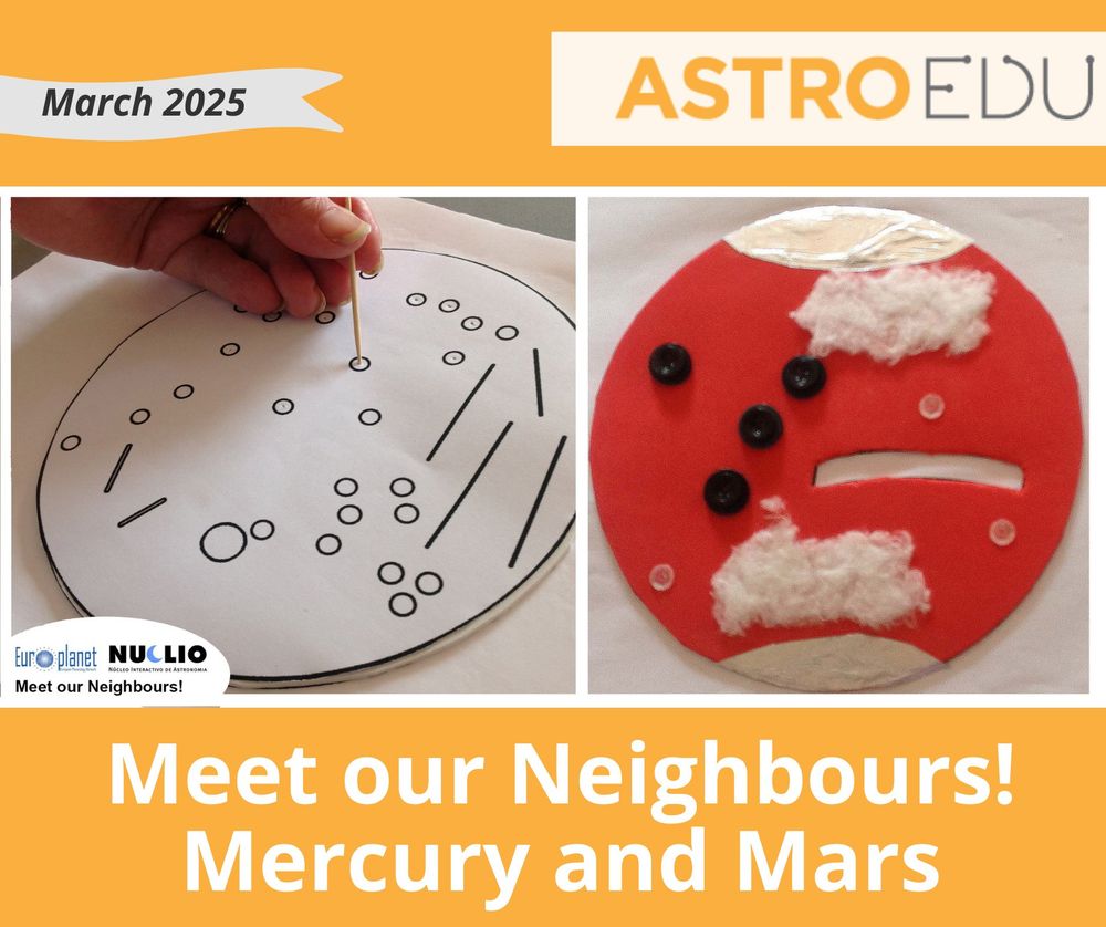 Poster announcing the astroEDU activities Meet our Neighbours: Mercury and Mars with pictures of tactile models of Mercury and Mars
