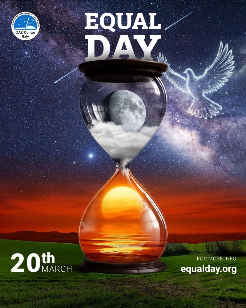 Poster for the Equal Day on 20 March with an AI-generated image of the Sun and the moon in an hourglass with the mily way and a dove in the background