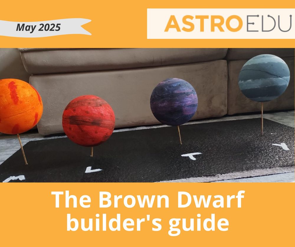 Banner for the astroEDU educational activity "The Brown Dwarf builder's guide" for May 2025 with a background photo of four styrofoam models in different colours