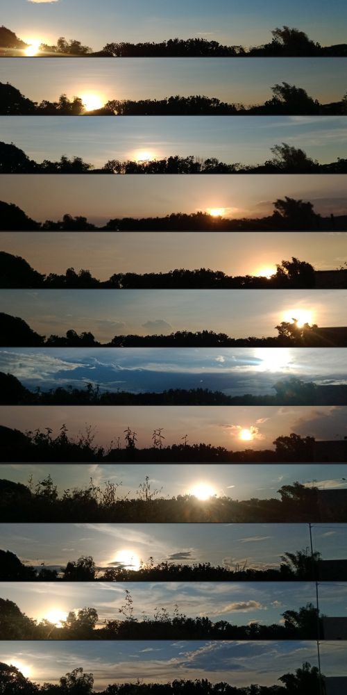 12 images of sunset. Sunset moves from the left at the top, to the right in the middle, and back to the left at the bottom 