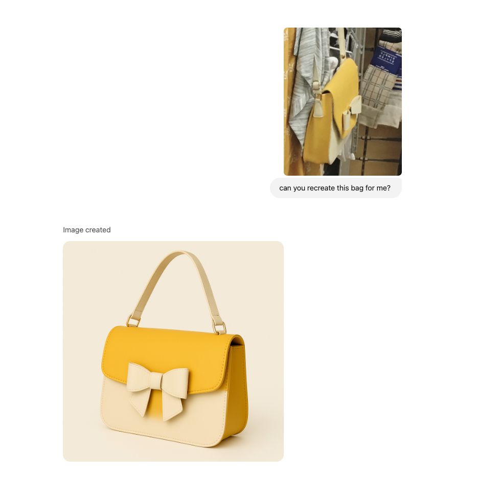 A screenshot of a conversation with ChatGPT where fatima provided the side, blurry view of a purse and chatGPT recreated the front to a very close degree.