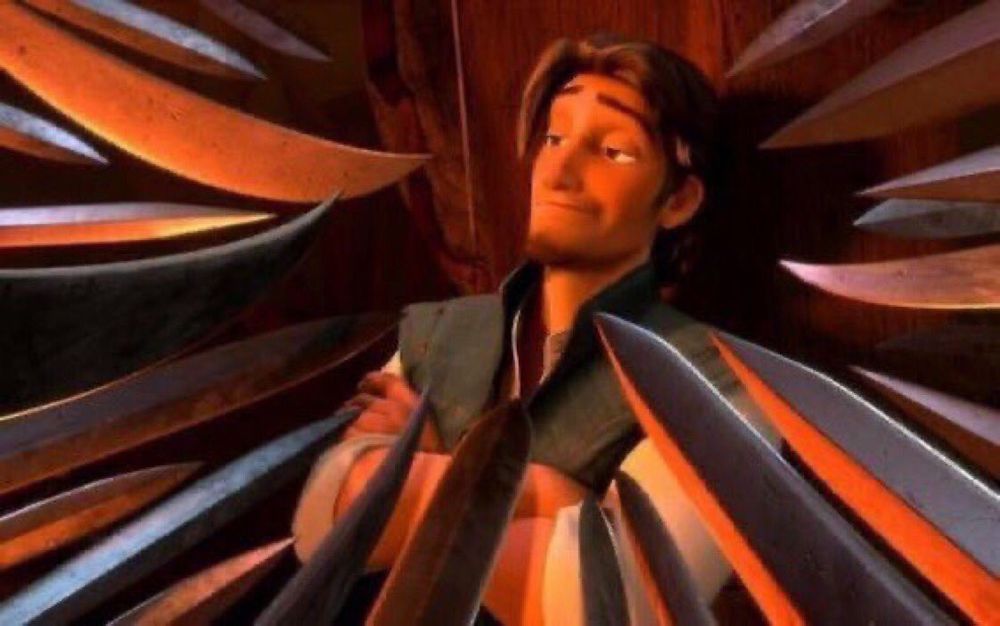Flynn Rider from Tangled surrounded by swords 