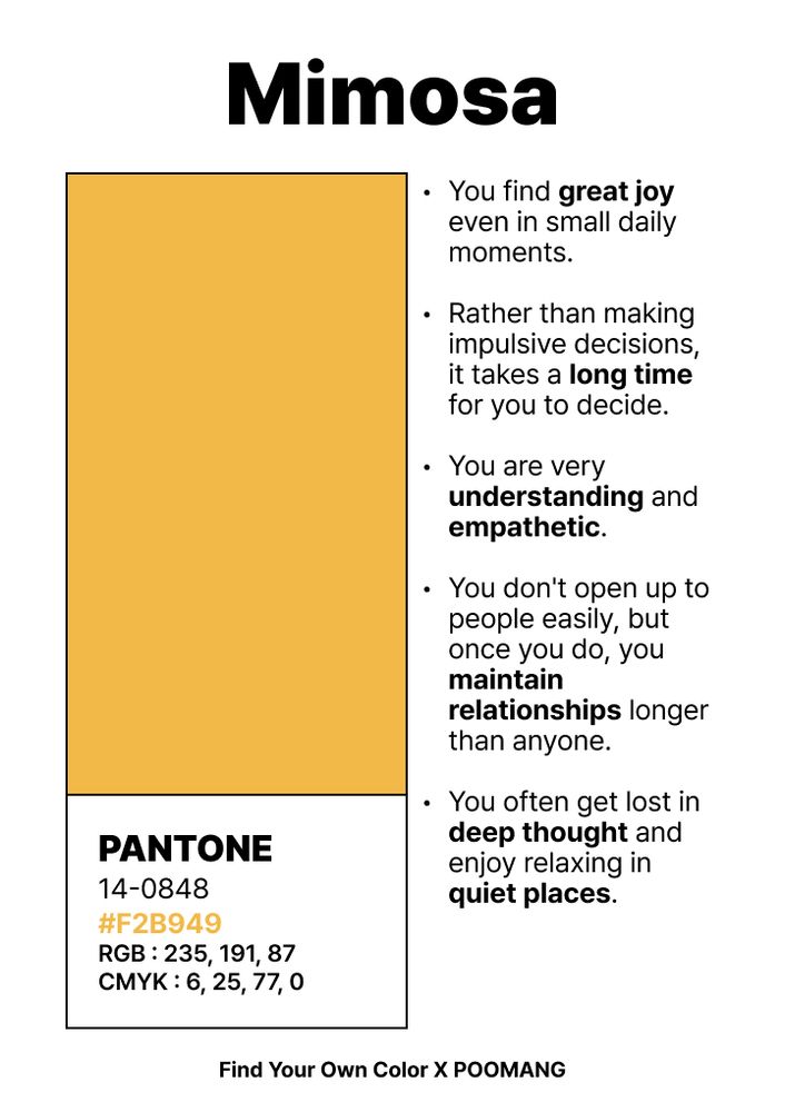 my color is mimosa (#f2b949)

characteristics are:
-you find great joy even in small daily moments. 
-rather than making impulsive decisions, it takes a long time for you to decide. 
-you are very understanding and empathetic. 
-you don’t open up to people easily, but once you do, you maintain relationships longer than anyone. 
-you often get lost in deep thought and enjoy relaxing in quiet places. 