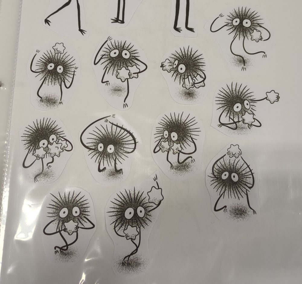 A photo containing several drawings of soot sprites.

The Soot Sprites (すすワタリ, Susuwatari, lit. "Travelling Soot"), also known as All Blacky (まっくろくろすけ, Makkuro-Kurosuke) are spirits that appear in the films My Neighbor Totoro and Spirited Away.