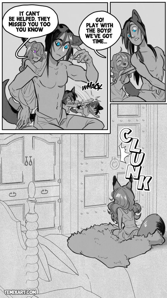 one boy whacks the other with a toy sword, the fox girl (Artemis) leans over Doros' shoulder "It can't be helped. They missed you too you know." She playfully shoves Doros away, smiling "Go! Play with the boys! We've got time..." Artemis watches from the bed- sitting on the fur cloak- as the door clunks shut. She is alone in the bedroom. 